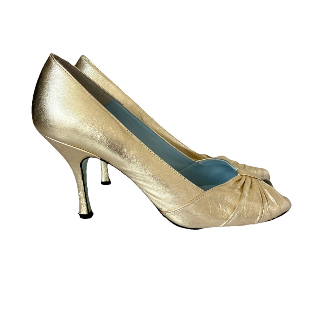Nancy Geist For Cynthia Rowley Y2K 90s Gold Leather Peep Toe Heels Size 8